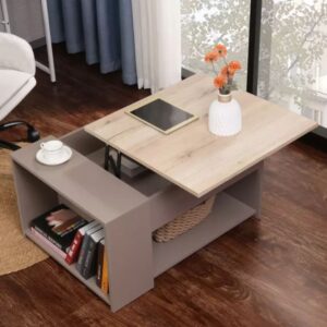 Anhebbarer Couchtisch mit Stauraum aus Eiche und Beige 68x42x50cm Spanplatte Braun MSO Möbel Wohnzimmermöbel Couchtische