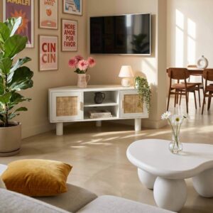 wohnli-moebel-suche-M26120372-1 TV-Möbel Holzoptik 120 cm Kunstrattan skandinavisch creme 120x55x54cm Holz Weiß Oviala Möbel Wohnzimmermöbel TV-Möbel