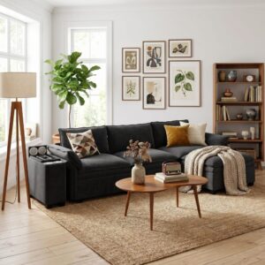wohnli-moebel-suche-M26122423-1 Modulares Ecksofa mit 4 Sitzen aus schwarzem Chenille 315x85x70cm Holz Schwarz Meubles Cosy Sofas und Sessel Sofas Modulare Sofas