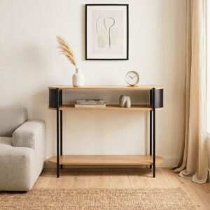 wohnli-moebel-suche-M26122577-1 Konsole mit 3 Ebenen und schwarzen Metallseiten L100 cm 100x80x34cm Spanplatte Beige Calicosy Möbel Wohnzimmermöbel Konsolentische