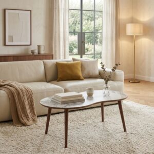 wohnli-moebel-suche-M26122578-1 Couchtisch mit organischer Platte in weißer Marmoroptik L99 cm 99x45x54cm Spanplatte Weiß Calicosy Möbel Wohnzimmermöbel Couchtische