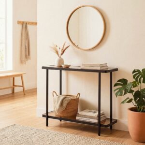 wohnli-moebel-suche-M26122583-1 Konsole mit zwei Ablagen aus getöntem Glas B80 cm - Schwarz 80x80x30cm Metall Schwarz Calicosy Möbel Wohnzimmermöbel Konsolentische