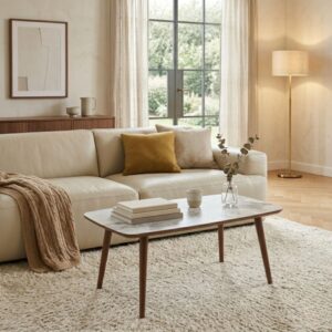 wohnli-moebel-suche-M26122595-1 Couchtisch mit rechteckiger Platte in weißer Marmoroptik L100 cm 100x45x54cm Spanplatte Weiß Calicosy Möbel Wohnzimmermöbel Couchtische