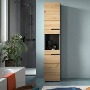wohnli-moebel-suche-M26122597-1 Badezimmerschrank mit 2 Türen und 1 Nische H193 cm - Holzdekor hell 38x193x34cm Spanplatte Beige Calicosy Möbel Badezimmermöbel Bad-Hochschränke