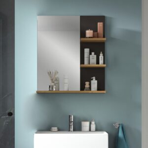 wohnli-moebel-suche-M26122601-1 Spiegel mit 3 Ablagen in Eichen- und Grau-Optik B63 cm 63x73x16cm Spanplatte Beige Calicosy Möbel Badezimmermöbel Badezimmerregale