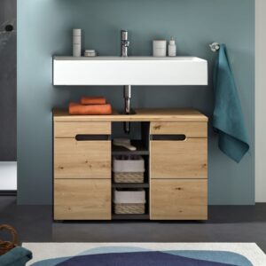 wohnli-moebel-suche-M26122607-1 Waschbeckenunterschrank 2 Türen 3 Fächer Eichen- und Grau-Optik B80 cm 80x55x34cm Spanplatte Beige Calicosy Möbel Badezimmermöbel