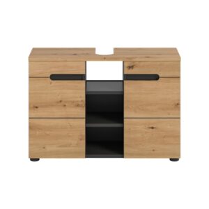 wohnli-moebel-suche-M26122607 Wohnli Möbelsuche - Waschbeckenunterschrank 2 Türen 3 Fächer Eichen- und Grau-Optik B80 cm