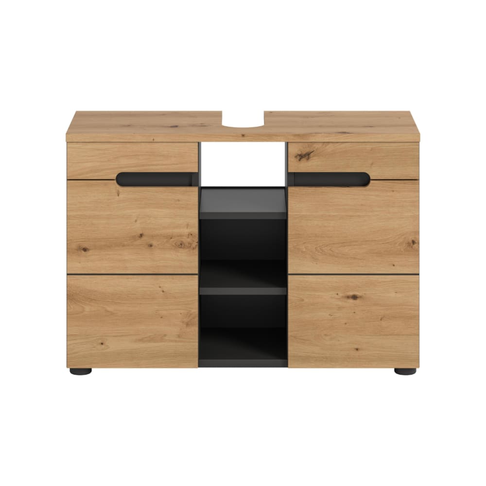 Wohnli Möbelsuche - Waschbeckenunterschrank 2 Türen 3 Fächer Eichen- und Grau-Optik B80 cm