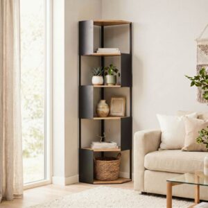 wohnli-moebel-suche-M26122619-1 Eckregal mit 5 Ebenen und Seiten aus schwarzem Metall H172 cm 40x172x40cm Spanplatte Beige Calicosy Möbel Wohnzimmermöbel Regale