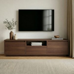 wohnli-moebel-suche-M26122620-1 TV-Möbel mit 3 Klappen und 1 Nische L160 cm - Nussbaumdekor 160x42x30cm Spanplatte Braun Calicosy Möbel Wohnzimmermöbel TV-Möbel