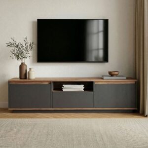 wohnli-moebel-suche-M26122621-1 TV-Möbel mit 3 Klappen und 1 Nische L160 cm - 160x42x30cm Spanplatte Grau Calicosy Möbel Wohnzimmermöbel TV-Möbel