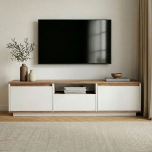 wohnli-moebel-suche-M26122623-1 TV-Möbel mit 3 Klappen und 1 Nische L160 cm - Weiß und Holzdekor 160x42x30cm Spanplatte Weiß Calicosy Möbel Wohnzimmermöbel TV-Möbel