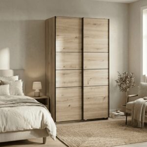 wohnli-moebel-suche-M26122626-1 Schrank mit 2 Schiebetüren L116 cm - Eichenoptik Dekor 117x203x60cm Spanplatte Braun Calicosy Möbel Schlafzimmermöbel Schränke