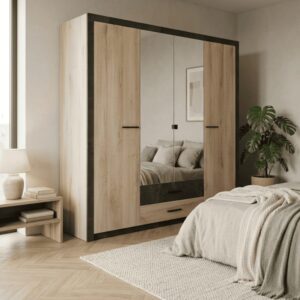wohnli-moebel-suche-M26122627-1 Viertüriger Kleiderschrank mit 2 Schubladen L198 cm - 198x203x57cm Spanplatte Beige Calicosy Möbel Schlafzimmermöbel Schränke