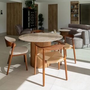wohnli-moebel-suche-M26122935-1 Runder Esstisch aus cremefarbenem Marmor und geripptem Holzbein 120 cm 120x74x120cm Marmor Beige MSO Möbel Esszimmermöbel Esstische