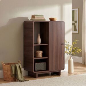 wohnli-moebel-suche-M26124652-1 Hohe Anrichte 1 Tür 3 offenen Fächern B70 cm - Nussbaumdekor 70x110x34cm Spanplatte Braun Calicosy Möbel Esszimmermöbel Sideboards, Highboards & niedrige Anrichten