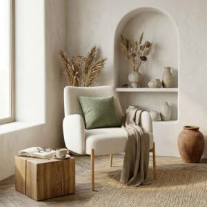 wohnli-moebel-suche-M26125096-1 Sessel mit leinenfarbenem und Metall in Eichenoptik. 74x83x65cm Stoff Beige Moloo Sofas und Sessel Sessel, Poufs und Fußbänke Sessel