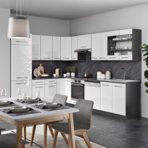 wohnli-moebel-suche-M26128151-1 Eckküche ohne Arbeitsplatte Weiß Hochglanz/Anthrazit 287x81.6cm 287x82x46cm Spanplatte Weiß Vicco Möbel Küchenmöbel Küchenunterschränke