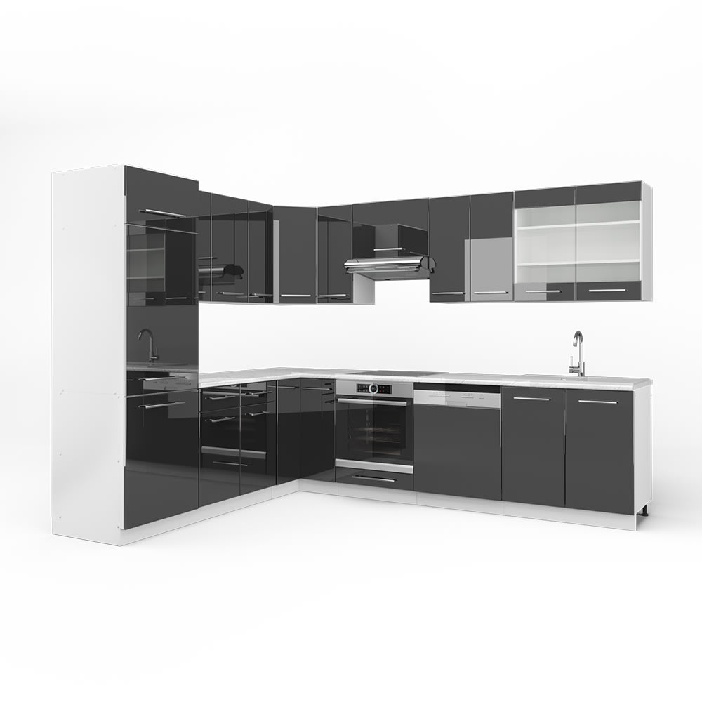 wohnli-moebel-suche-M26128260 Wohnli Möbelsuche - Eckküche ohne Arbeitsplatte Anthrazit Hochglanz/Weiß 287x81.6cm
