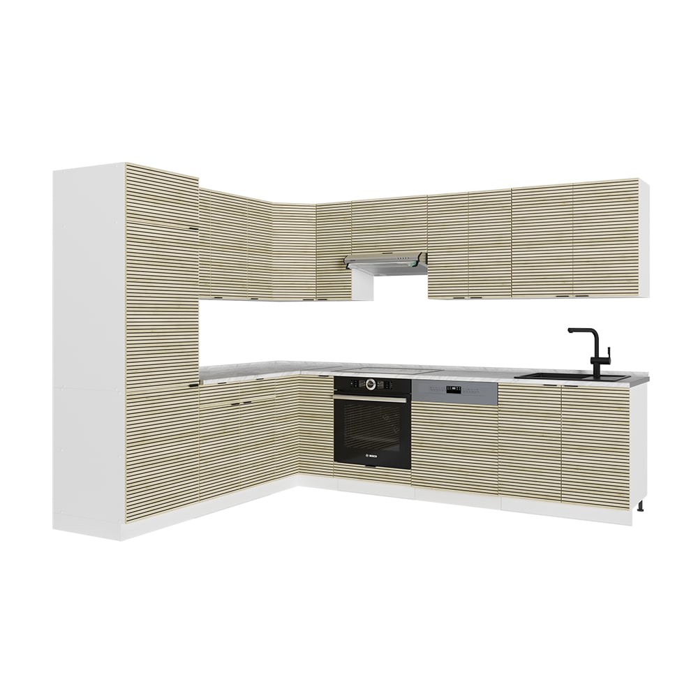 wohnli-moebel-suche-M26128299 Wohnli Möbelsuche - Eckküche ohne Arbeitsplatte Eiche Paneel/Weiß 287x81.6cm