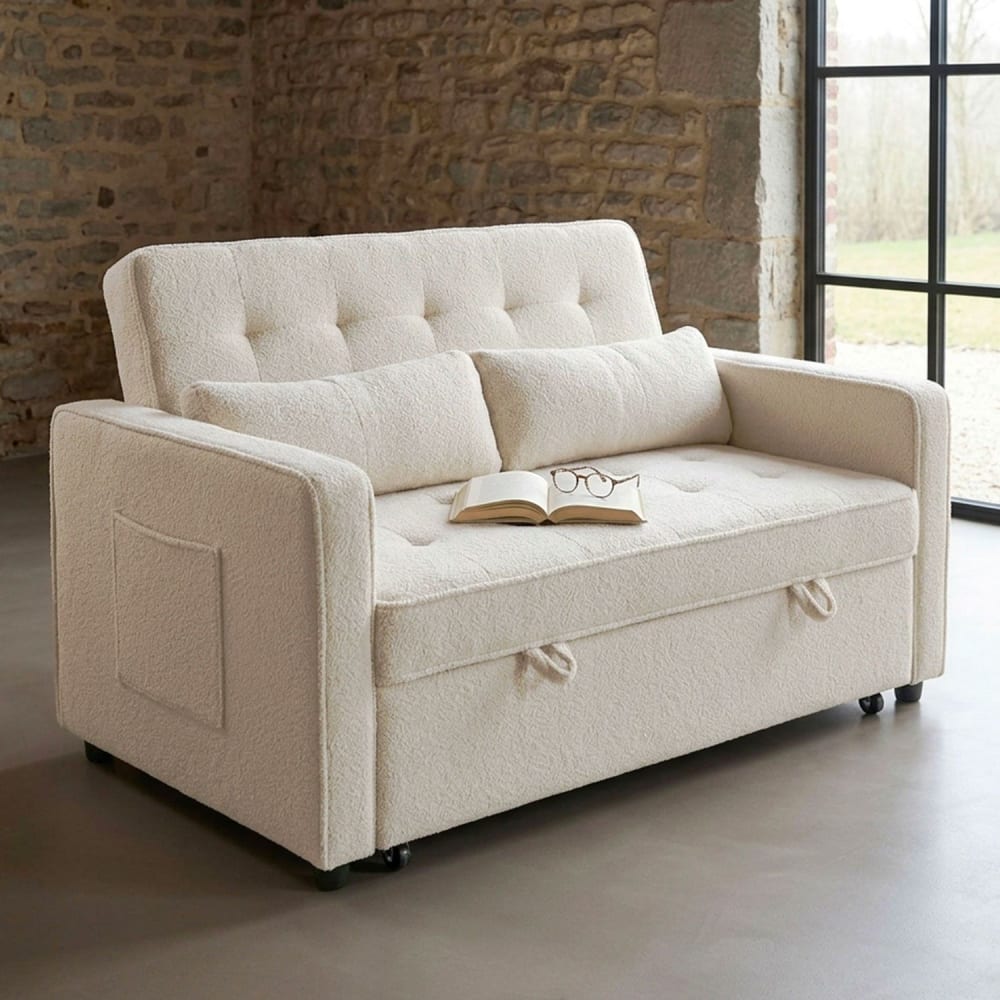 Wohnli Möbelsuche - 2-Sitzer Schlafsofa Komaria Bouclé-Stoff Creme