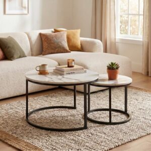 Set aus 2 Stapeltische - L70 cm - Marmordekor und Schwarz 70x46x70cm Spanplatte Braun Calicosy Möbel Wohnzimmermöbel Couchtische