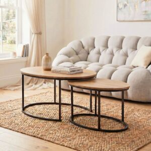 2er-Set ovale ineinanderstellbare Couchtische in Eichenoptik L90 cm 90x45x60cm Spanplatte Beige Calicosy Möbel Wohnzimmermöbel Couchtische