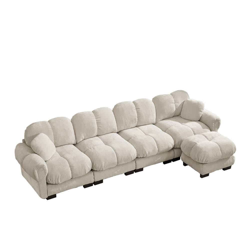 Wohnli Möbelsuche - Ecksofa aus Chenille mit Ottomane und Steppdesign