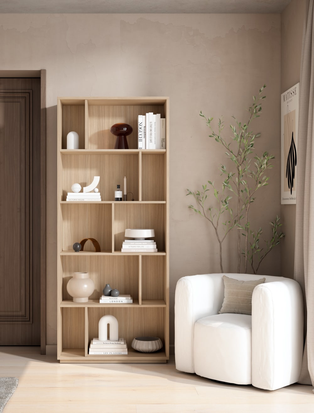 Bücherregal aus Melamin in Hell-Nussbaum 191x80x32 cm 80x191x32cm Spanplatte Beige Herdasa Möbel Wohnzimmermöbel Bücherregale