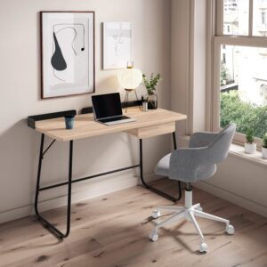 wohnli-moebel-suche-M26154644-1 Schreibtisch in Eichenoptik mit schwarzen Stahl 78x121x56cm 121x78x56cm Spanplatte Braun Hispanohogar Möbel Büromöbel Schreibtische