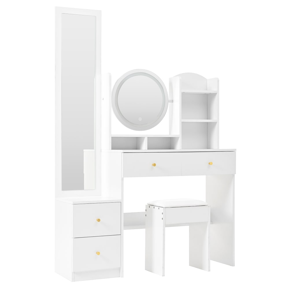 wohnli-moebel-suche-M26154818 Wohnli Möbelsuche - 4-in-1 weißer Schminktisch-Set mit Spiegel + 4 Schubladen + Hocker
