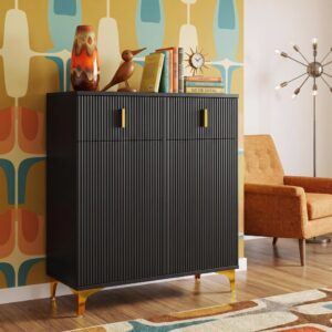 wohnli-moebel-suche-M26154821-1 Schwarzer geriffelter Sideboard mit 2 Schubladen und Türen 83x101x35cm Spanplatte Schwarz Meubles Cosy Möbel Esszimmermöbel Sideboards, Highboards & niedrige Anrichten