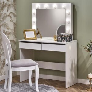 wohnli-moebel-suche-M26157521-1 Weißer Schminktisch mit Schubladen und LED-Beleuchtung 94x140x43cm Holz Weiß MSO Möbel Schlafzimmermöbel Schminktische