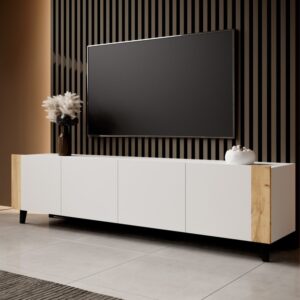 wohnli-moebel-suche-M26157867-1 Designer TV-Schrank mattweiß + Holz 200cm 200x52x200cm Holz Weiß MSO Möbel Wohnzimmermöbel TV-Möbel