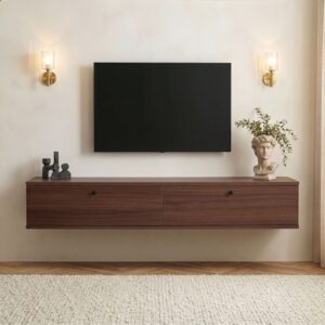 Hängender TV-Schrank mit 2 Klappen B160 cm - Nussbaumdekor 160x25x25cm Spanplatte Braun Calicosy Möbel Wohnzimmermöbel TV-Möbel
