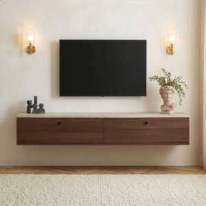 wohnli-moebel-suche-M26158360-1 Hängender TV-Schrank mit 2 Klappen B160 cm - 160x25x25cm Spanplatte Beige Calicosy Möbel Wohnzimmermöbel TV-Möbel