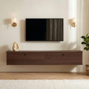 Hängender TV-Unterschrank mit 2 Klappdeckeln B140 cm - Nussbaumdekor 140x25x25cm Spanplatte Braun Calicosy Möbel Wohnzimmermöbel TV-Möbel