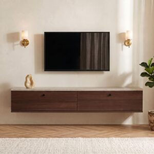wohnli-moebel-suche-M26158364-1 Hängender TV-Unterschrank mit 2 Klappdeckeln B140 cm - 140x25x25cm Spanplatte Beige Calicosy Möbel Wohnzimmermöbel TV-Möbel