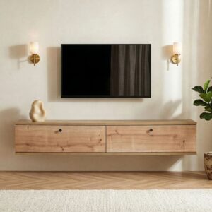 wohnli-moebel-suche-M26158365-1 Hängender TV-Unterschrank mit 2 Klappdeckeln B140 cm - Eichenoptik 140x25x25cm Spanplatte Braun Calicosy Möbel Wohnzimmermöbel TV-Möbel