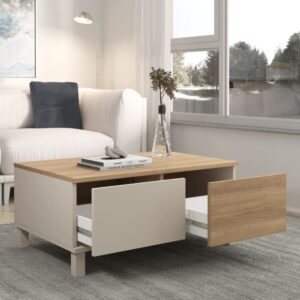 Couchtisch 2 Schubladen 1 offenem Fach Dekor Kaschmir und Eiche L90 cm 90x40x60cm Spanplatte Beige Calicosy Möbel Wohnzimmermöbel Couchtische