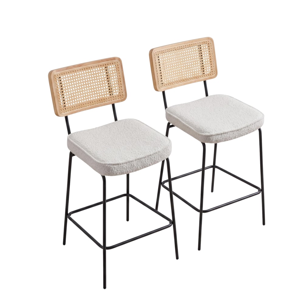 Wohnli Möbelsuche - 2er-Set Barhocker aus Bouclé mit Rattan-Rückenlehne