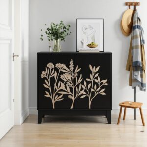 wohnli-moebel-suche-M26158534-1 Schwarzes Buffet im Landhausstil mit 2 Türen & Blumenprägung 38x76x80cm Spanplatte Schwarz Urban Meuble Möbel Esszimmermöbel Sideboards, Highboards & niedrige Anrichten