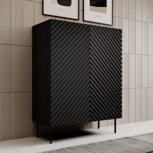 wohnli-moebel-suche-M26160027-1 Hoher Sideboard in Mattschwarz und Holzoptik mit 2 Türen und 3D-Effekt 45x127x98cm Holz Schwarz MSO Möbel Esszimmermöbel Sideboards, Highboards & niedrige Anrichten