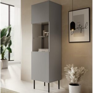 Vitrine mit schwarzen Stahlfüßen – hellgrau 50x180x50cm Glas Grau MSO Möbel Esszimmermöbel Vitrine und Vitrinenschrank