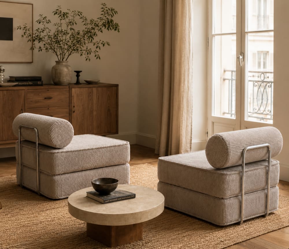 Kompakte Chaiselongue ohne Armlehnen aus Cordstoff taupe 95x60x80cm PES - Polyester Taupe SURB Sofas und Sessel Sessel, Poufs und Fußbänke Sessel