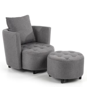wohnli-moebel-suche-M26160161 Wohnli Möbelsuche - Sessel und Hocker aus grauem Polyestergewebe mit Beinen aus Massivholz