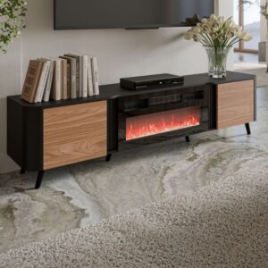 wohnli-moebel-suche-M26161921-1 TV-Schrank – Schwarz und Holz 200 cm – leuchtender und beheizter Kamin 200x49x200cm Holz Schwarz MSO Möbel Wohnzimmermöbel TV-Möbel