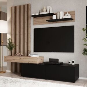 Wandmontiertes TV-Möbel mit schwarzen und hölzernen Leisten 209x200x209cm Holz Braun MSO Möbel Wohnzimmermöbel TV-Möbel