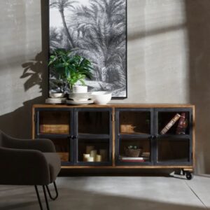 Sideboard aus natürlichem Mangoholz mit Metallrädern 160x71x160cm Holz Braun MSO Möbel Esszimmermöbel Sideboards, Highboards & niedrige Anrichten