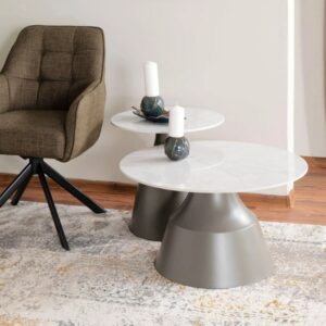 Set aus zwei runden Couchtischen mit Platte in weißer Marmoroptik 70x40x70cm Marmor Schwarz MSO Möbel Wohnzimmermöbel Couchtische